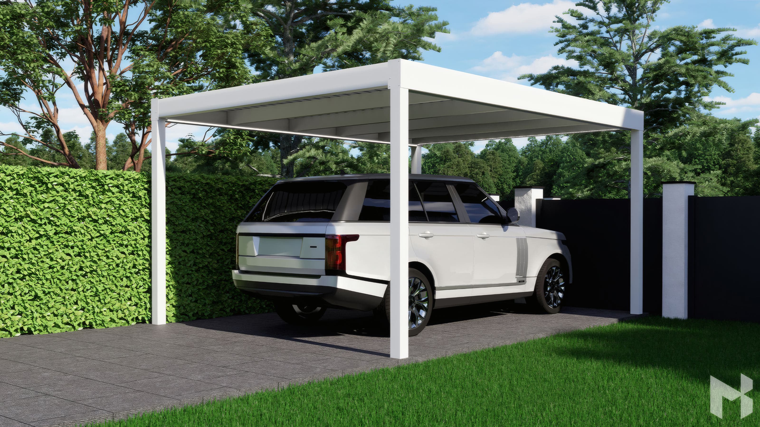 MB Carport in Weiß — freistehender Aluminium-Carport mit Trapezblechdach über einem Stellplatz